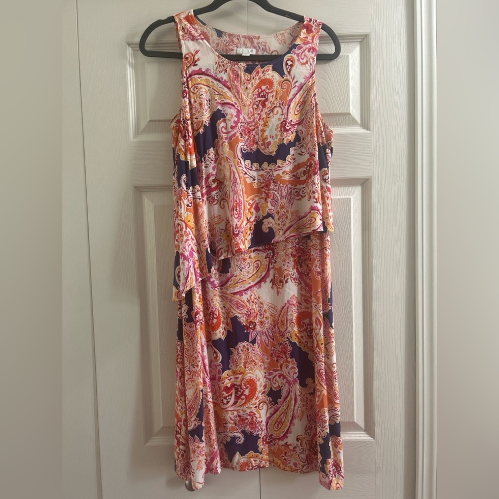 J. Jill Dress Size S Tall Orange Blue Paisley Overlay Sleeveless Spring